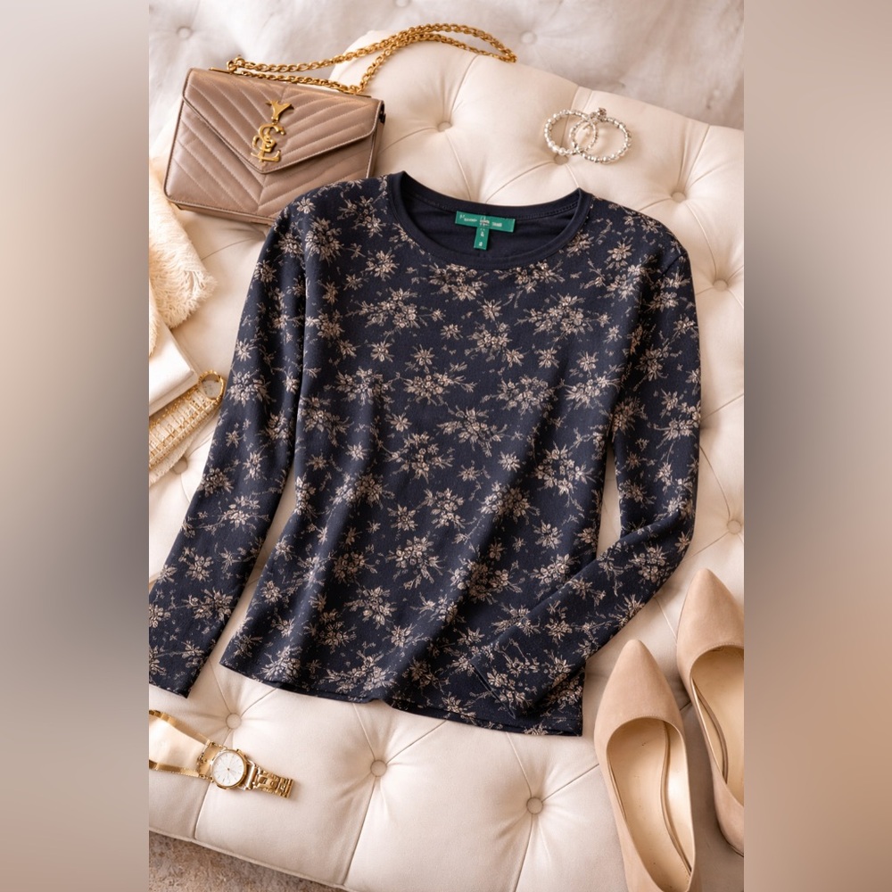 Lauren Ralph Lauren Floral Long Sleeve Top Navy Cream Size L